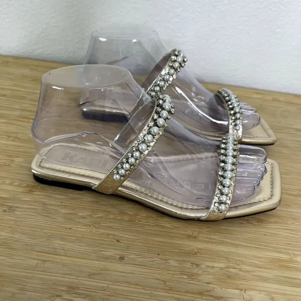 Karl Lagerfeld Paris Sandals Size 6.5M Rhinestone Payzlee Slip On Slide Shoes